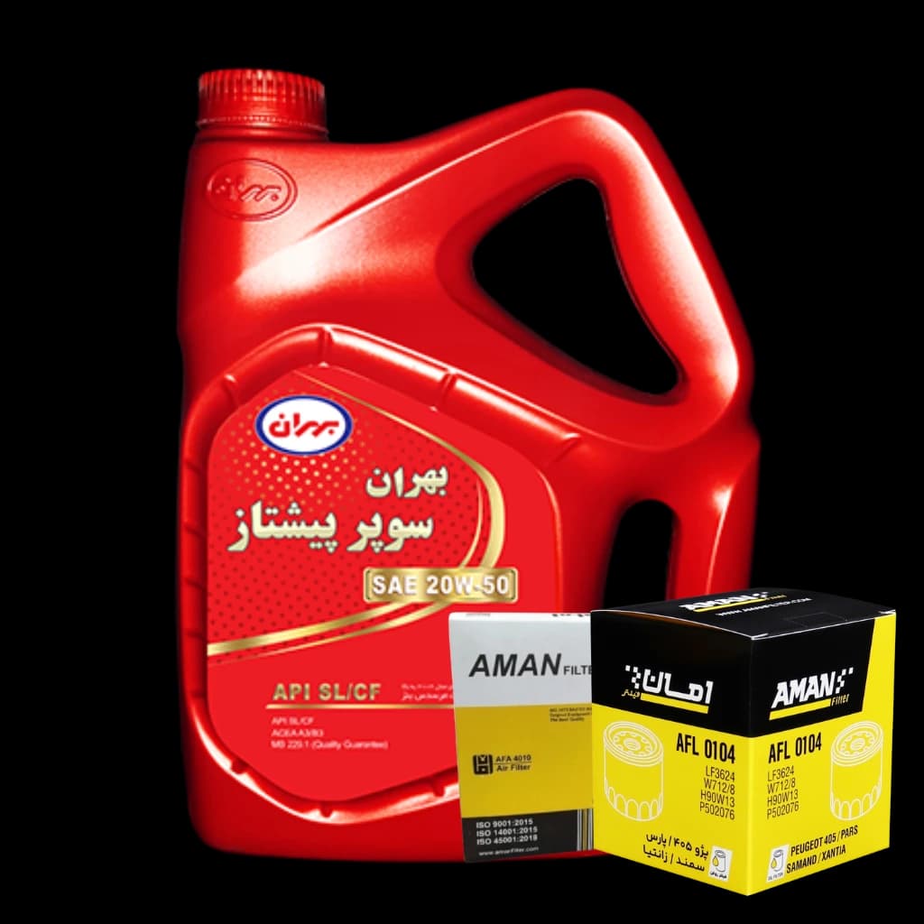 پک کامل بهران سوپرپیشتازپریمیوم20w50فیلترهواوروغن امان